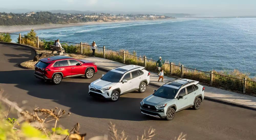 A red, a white, and a green 2023 Toyota RAV4 are shown parked near a coastline.